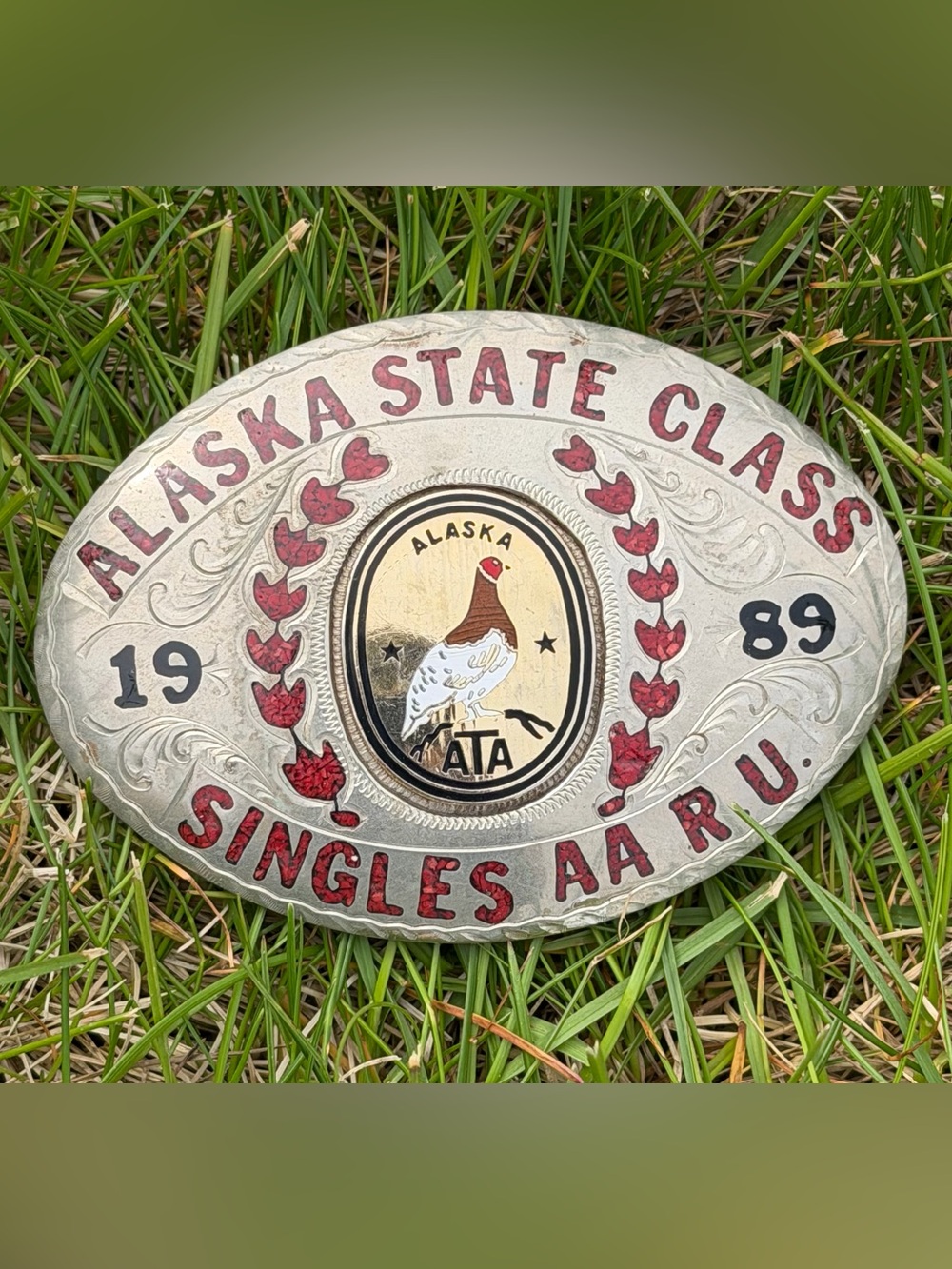 Vintage Alaska State shooting Class 1989 Red & Silver Western Belt Buckle
